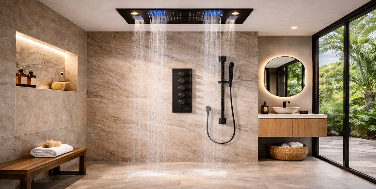 Fontana Milanese 4 function LED shower head in matte black in a contemporary shower